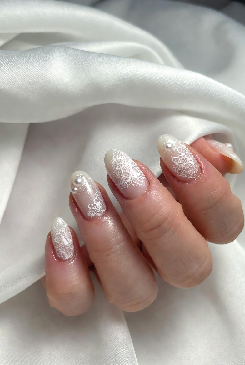 Bridal nails with delicate lace overlay